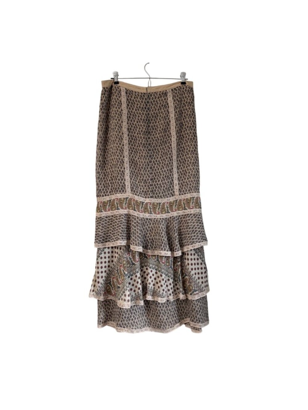 Free People Beige Floral Paisley Lace Trim Tiered Maxi Skirt Boho Womens Size 6 - Picture 5 of 5